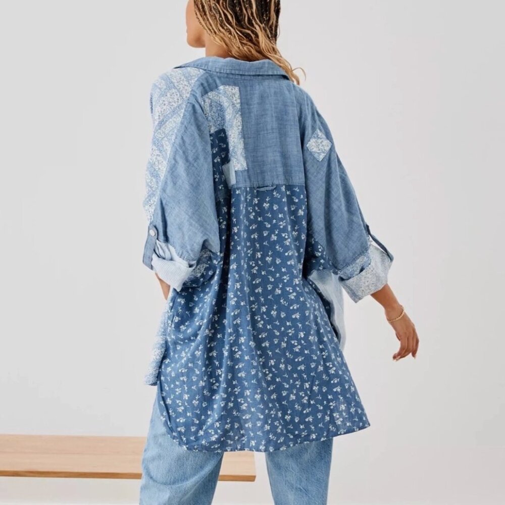 American Eagle Chambray Blue Patchwork Oversized … - image 2